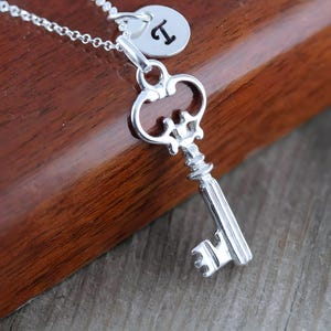 Key Necklace, Sterling Silver Key Necklace. personalized key jewelry, Antique Style Key with Initial OR Birthstone