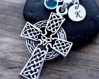 Celtic cross necklace, sterling silver celtic jewelry, celtic cross personalized with initials and/or birthstone, celtic Cross jewelry. C35