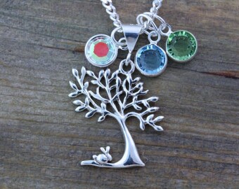 Family tree Necklace, Grandmother necklace, family Jewelry, Tree of life personalized Initials Or birthstones, Bunny close by. Choose chain