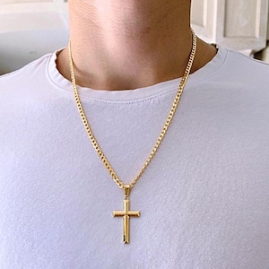 Gold Men Cross Necklace. Engraving NOT included. 14k Gold over Sterling silver Cross. Elegant Classic Cross pendant Necklace. 5142-