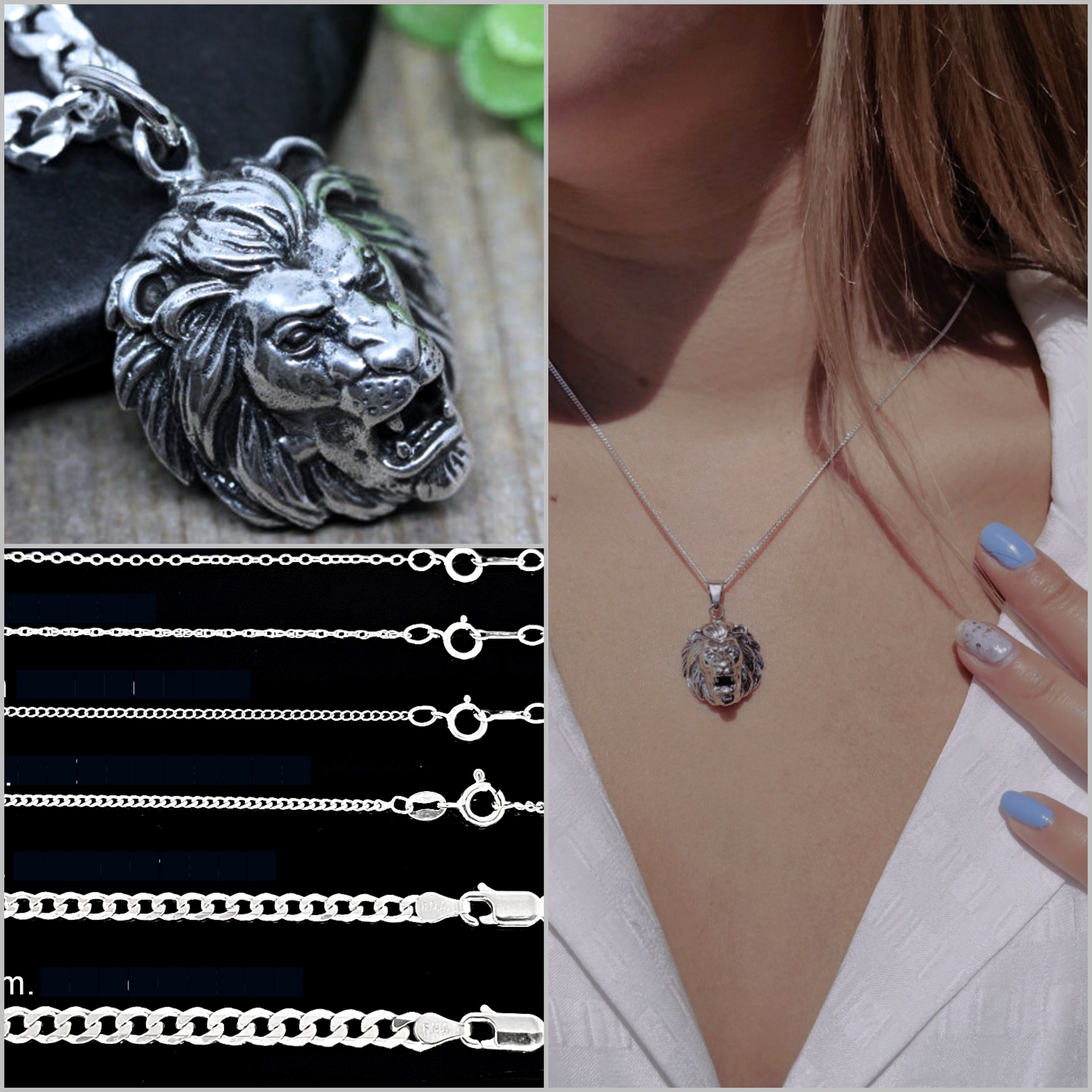 Silver Finish Micro Pave Large Lion Head Pendant 4mm Tennis Chain 1 Row Necklace Silver Finish Micro Pave Large Lion Head Pendant 4mm Tennis Chain 1 Row Necklace