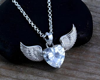 Winged Heart Necklace, Protection Pendant. Sterling silver Angel Wings Pendant necklace, Zirconia Heart. Guardian Angel.