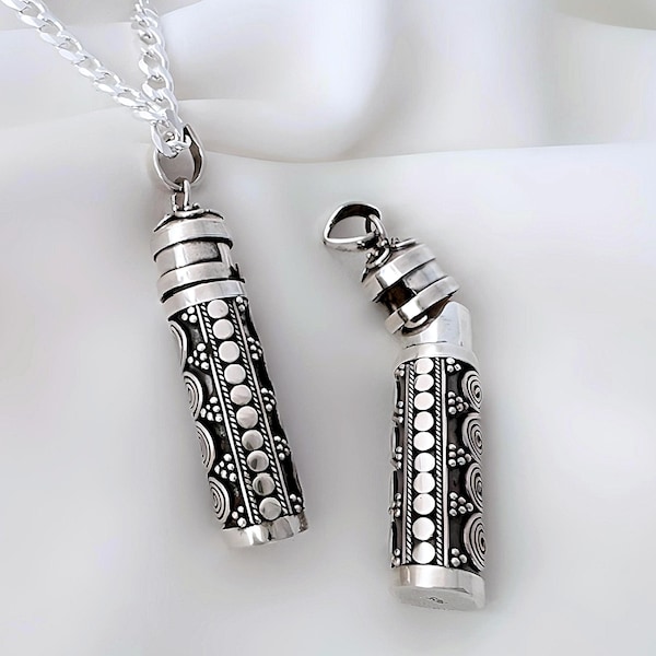 Sterling Silver memorial Necklace Silver cylinder Perfume Pills locket. Charms No included. Select Thick Chain Men, Thin Women. 5044