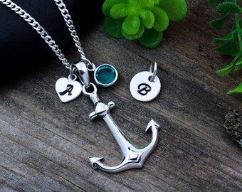 Sterling Silver Anchor Necklace, 2 Personalized charms. Anchor necklace Select chain, Friends Love Symbolic Jewelry. Anchor Pendant on chain