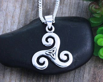 Triskele Necklace With triquetra, Sterling silver Triskelion Necklace, Triple Spiral Pendant, Celtic Jewelry, Gifts for Athletes