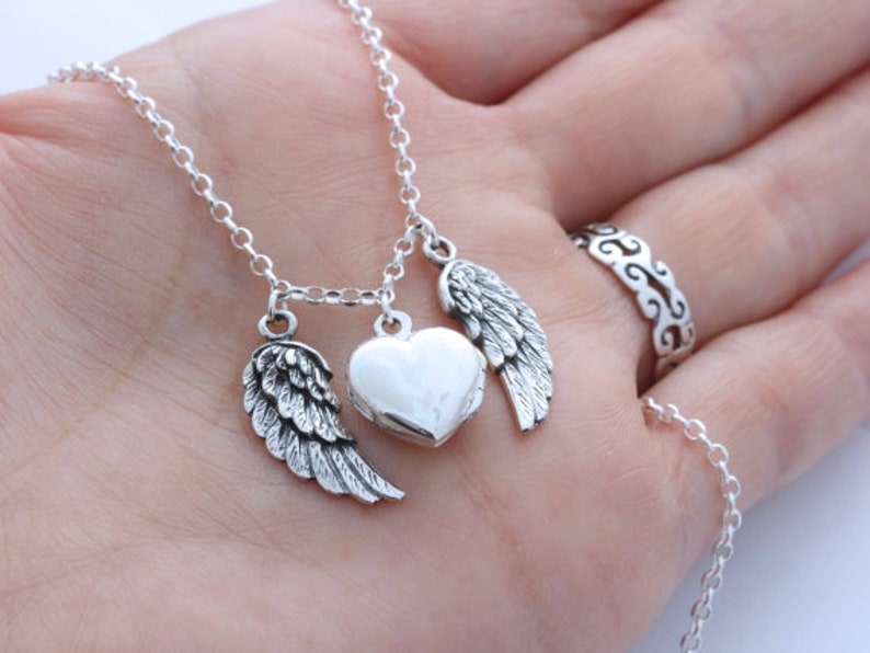 Angel Wing Locket Necklace, Sterling Silver Guardian Angel Locket Necklace Select Size Small Locket 12mm or Medium locket 14mm. image 2