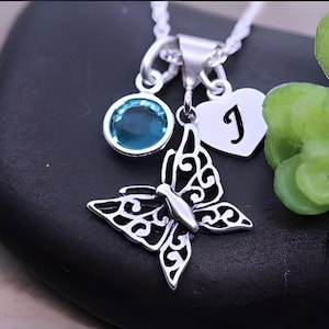 Sterling silver Butterfly Necklace, Silver Butterfly necklace, butterfly Jewelry. Small Butterfly Charm. Chooose initial birthstone chain