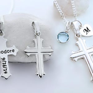 Small Cross Necklace, Sterling Silver Cross, Personalized Cross Jewelry. Baptism, First Communion, Confirmation Gift. Initial Stone. R-5155