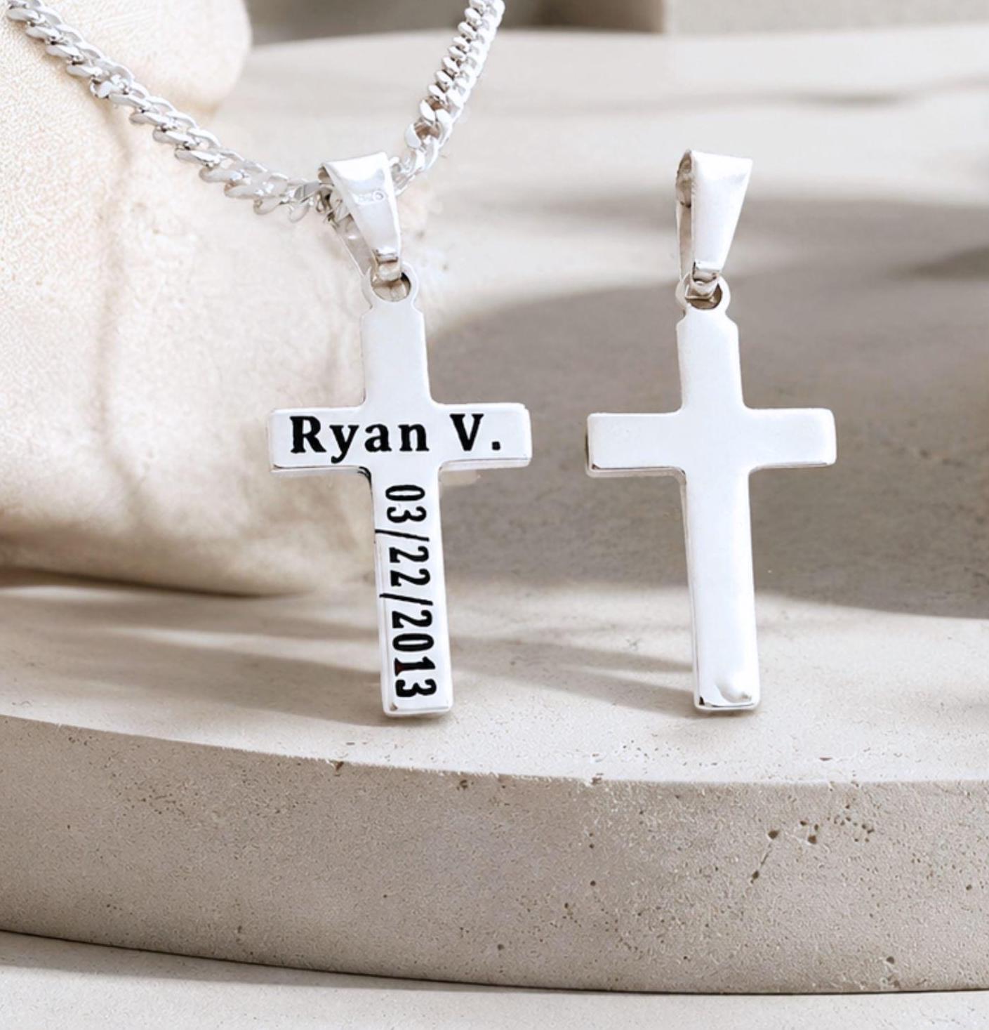 Personalized Laser Engraving Small Cross, Sterling Silver