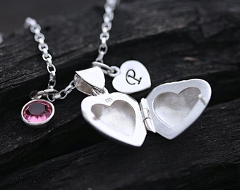 925 Sterling silver heart Locket Necklace, Choose Sterling chain Initial &Birthstone. Small Silver Locket jewelry. 17