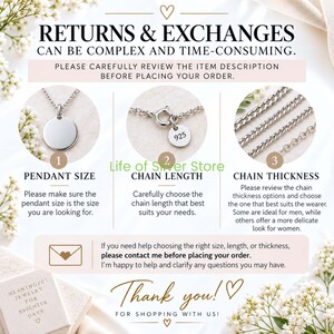 May include: An informational graphic for silver jewelry featuring three circular images: a blank round pendant, a silver chain clasp with a 925 hallmark tag, and three varying chain thicknesses. Text includes Returns & Exchanges, Pendant Size, Chain Length, and Chain Thickness.