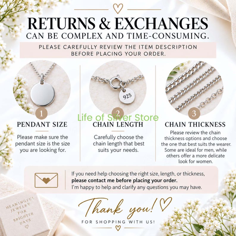 May include: An informational graphic for silver jewelry featuring three circular images: a blank round pendant, a silver chain clasp with a 925 hallmark tag, and three varying chain thicknesses. Text includes Returns & Exchanges, Pendant Size, Chain Length, and Chain Thickness.