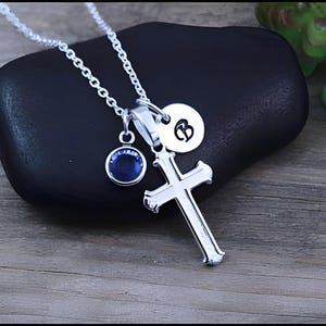 Cross Necklace, Sterling Silver Small Cross Personalized Initial & Birthstone baptism gift Girls first communion gift R-5131