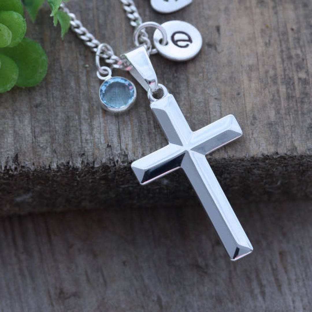 Sterling Silver Cross Chain, Select Birthstone & Initial OR Laser ...
