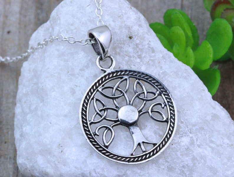 Antique Triquetra Necklace Trinity Celtic leaves tree of life Knot Celtic Necklace Sterling Silver Celtic Tree of Life Necklace