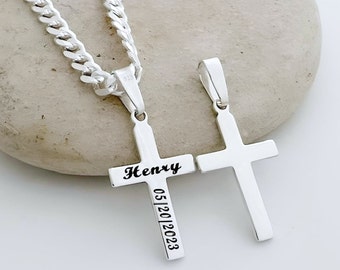 Personalized Laser Engraving Small Cross, Sterling silver Customized Cross Necklace, Silver Cross for Boys Girls, First communion. 5118-