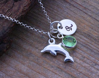 Small Dolphin Necklace, Personalized Birthstone and initial, Choose another charm, Gift for Teens, gift for girls. Silver Dolphin Jewelry.