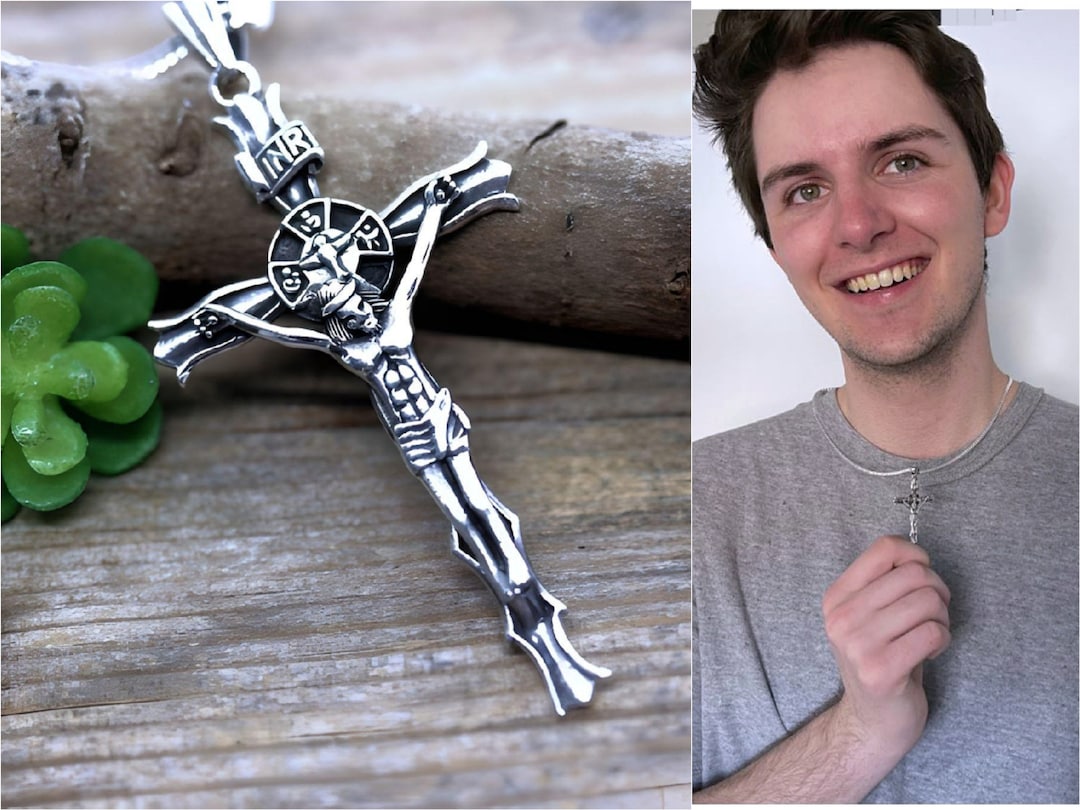Standing Sterling Silver Crucifix Necklace, Silver Jesus Cross Necklace