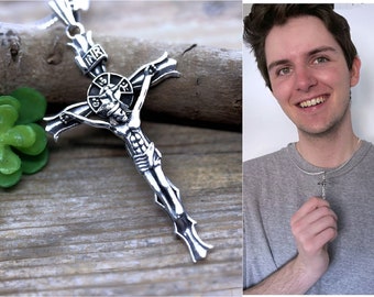 Standing Sterling Silver Crucifix Necklace, Silver Jesus Cross Necklace, With Virgin Mary at the back. Choose Italian chain