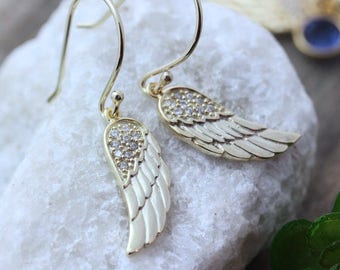 Gold Angel Wing Earrings,  CZ Angel Wing Earrings, Gold Angel Wing Jewelry. Elegant Women Hypoallergenic Earrings. nickel or lead Free