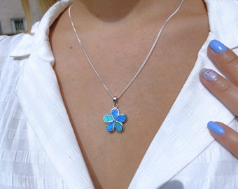 Sterling Silver Opal Flower  Necklace, Blue Opal Necklace, Sterling Silver Blue, Opal Jewelry, Choose your Chain