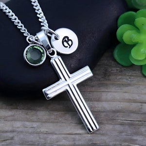 Sterling silver Small Cross Necklace, Personalized Initial & Birthstone, Choose Chain for Boys Or, Girls. (engraving not included) 5152