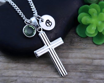 Sterling silver Small Cross Necklace, Personalized Initial & Birthstone, Choose Chain for Boys Or, Girls. (engraving not included) 5152