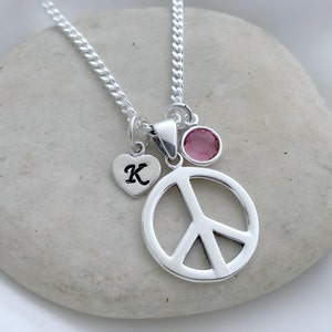 Sterling silver Peace Sign Necklace. Personalized initial & Birthstone, Peace Necklace, Silver Peace sign Necklace CND Sign Symbol. 783