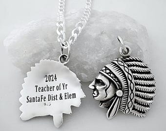 Sterling Silver Indian Necklace, Silver Personalized Indian Head Necklace. Choose chain
