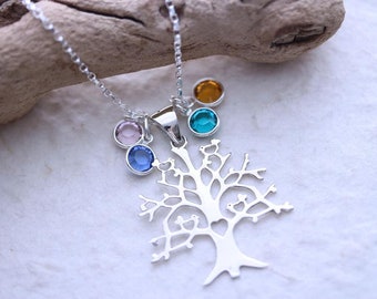 Sterling silver Family Birthstone Necklace, Tree of life With Personalized Birthstones, Heart Tree. Gift for Mothers, Grandmother Necklace