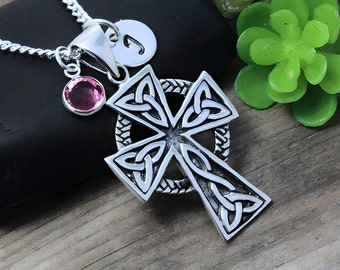 Celtic cross necklace, Celtic Trinity Knots cross in sterling silver, Cross with initial birthstone, choose your chain. 2169