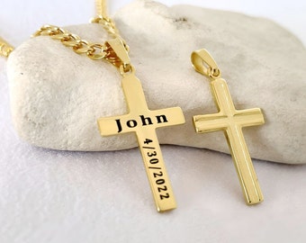Gold Engraved Cross Necklace. First communion Gift. Confirmation Gift. Woman Gold cross. Gold Over  Silver cross. Gold Filled Chain. 5099