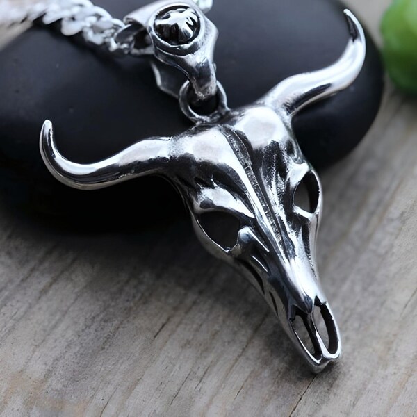 Sterling silver Bull Skull Necklace, Silver Skull Buffalo, Longhorn skull Pendant. Choose Chain, recommend curb chains, Silver Mens Jewelry