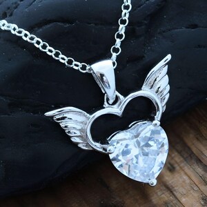 Winged Heart Necklace, Protection Pendant. Sterling silver Angel Wings Pendant necklace, Zirconia Heart . Guardian Angel.