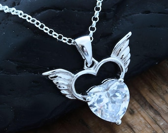 Geflügelte Herz-Halskette, Schutz-Anhänger. Sterling Silber Engel Flügel Anhänger, Zirkonia Herz. Schutzengel.