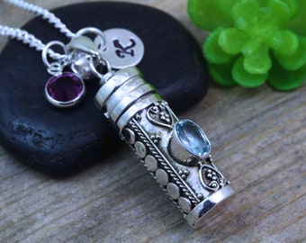 Sterling silver Genuine Aquamarine Stone, Last one Locket necklace, Perfume OR Pills Box Necklace,  Genuine Aquamarine. Aqua-683*