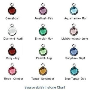 May include: A chart showing the Swarovski birthstones for each month of the year. The chart features a small charm with a crystal for each month. The crystals are in the colors of the birthstones. The months are listed below each charm.