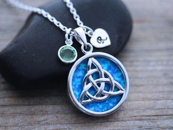 Personalized Triquetra Knot Necklace Blue Opal Necklace Opal | Etsy