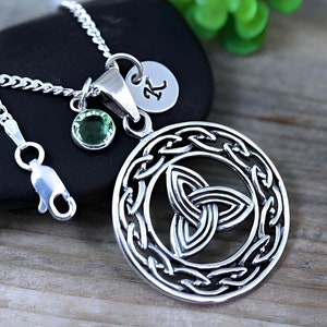 Sterling silver trinity Necklace, Triquetra Knot celtic Jewelry, custom Birthstone Initial, Celtic Irish knot pendant. Choose chain.