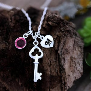 Sterling Silver Key Necklace personalized key with initial and Birthstone, Small Skeleton key necklace Antique Key Necklace. Choose chain