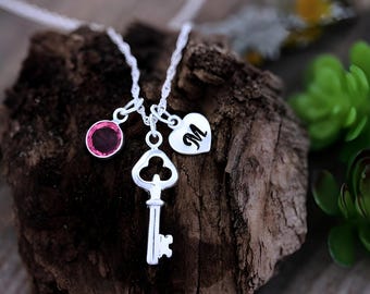 Sterling Silver Key Necklace Personalized Initial & Birthstone Charm. Select chain