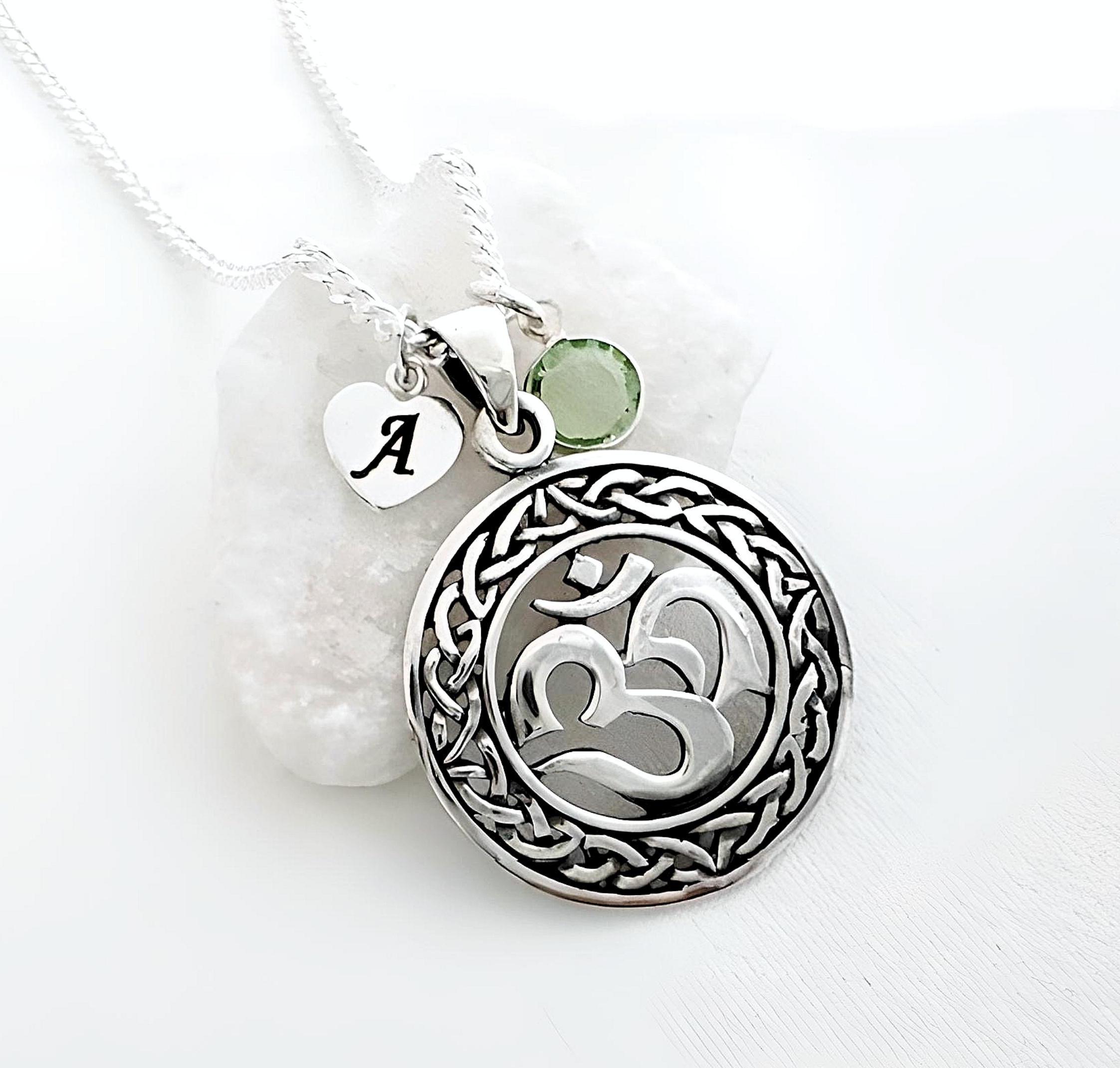 Ohm necklace, Sterling silver OM Necklace, Personalized initial birthstone, yoga pendant, om jewelry, Ohm jewelry, om karma necklace. 5105*
