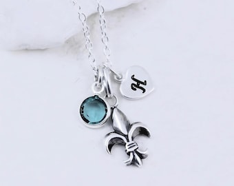 Sterling Silver Fleur-de-lis Necklace Shield Fleur De Lis Charm Personalized Necklace, Choose initial, birthstone, and chain