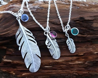 Mothers Day Necklace Sterling Silver Feather Necklace, Choose Feather size Small Medium or Large Choose birthstone OR Initial