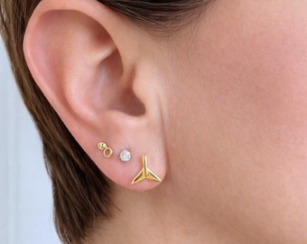 Gold Stud Whale Tail Earrings Sterling Silver with 14k Gold Whale Tail Stud Earrings Whale Tail 9x10mm