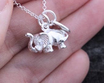 Sterling Silver Baby Elephant Necklace. Elephant on chain Necklace,  detailed  Elephant. Good luck pendant, Small elephant.