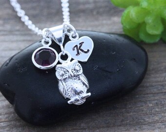 Small Sterling Silver Owl Necklace, Silver Owl Necklace initial and birthstone, Owl Jewelry. Choose chain initial&birthstone By LifeOfSilver