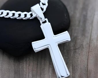 Classic Sterling Silver Necklace Cross Pendant Necklace Plain Cross necklace. Thick Chain for Men & Thin Chain for Women. 5143 #