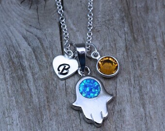 Personalized Sterling silver Hamsa Necklace, Blue Opal Hamsa Necklace, Blue Hamsa Necklace, Friend Gift Idea. Popular Hamsa. Choose chain