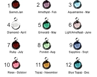 Add Gold or silver Swarovski Birthstones, Second pic. AB crystal April (Aurora Borealis Swarovski). Third pic Moon stone June upon request.